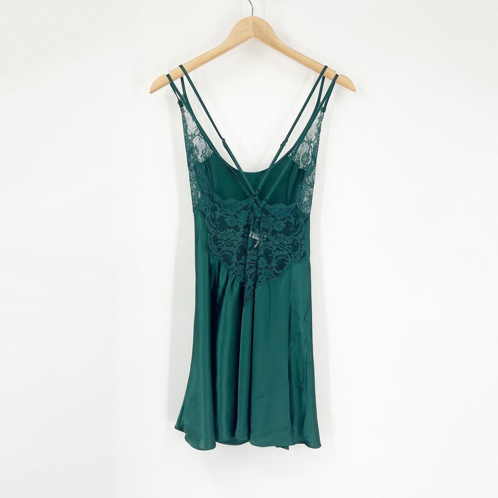 Vintage 90s Victoria's Secret Deep Green Lace Satin Lingerie Slip Dress Medium - Picture 2 of 6